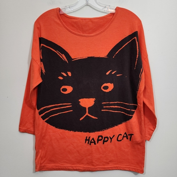 Happy cat orange 3/4 sleeve graphic front t-shirt woman's size large - Picture 1 of 6